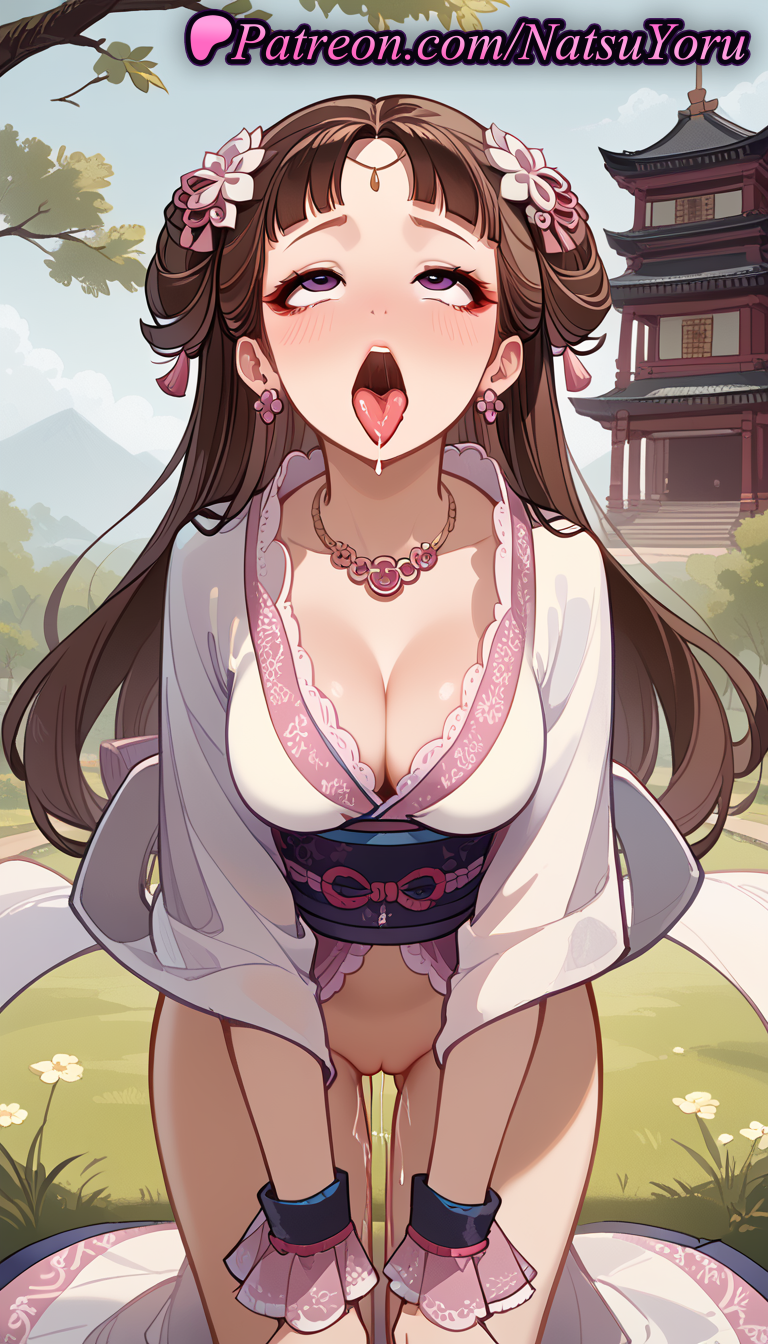 1girls ahe_gao ai_generated anime anime_style architecture ass_visible_through_thighs bangs blunt_bangs blush bottomless breasts brown_hair bust busty chinese_clothes cleavage collarbone cowboy_shot cum cumdrip day double_bun drooling earrings east_asian_architecture female female_focus female_only flower grass hair_bun hair_flower hair_ornament hanfu hentai jewelry kusuriya_no_hitorigoto large_breasts leaning_forward lishu_(kusuriya_no_hitorigoto) long_hair long_sleeves looking_up medium_breasts natsuyoru necklace no_panties obi open_mouth oral_invitation outdoors purple_eyes pussy pussy_juice pussy_juice_trail rolling_eyes saliva sash sky solo solo_female standing tassel teeth thigh_gap tongue tongue_out tree uncensored uvula voluptuous voluptuous_female wrist_cuffs