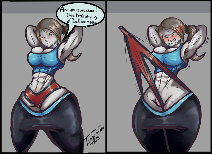 1girls bdsm blushing buff_female cuntbusting dialogue english_text female female_only femsub frontal_wedgie humiliation instant_loss_2koma maledom muscular_female pain panties red_panties solo text tomtomtomthetom torture underwear wedgie wedgie_fetish wii_fit wii_fit_trainer wii_fit_trainer_(female)