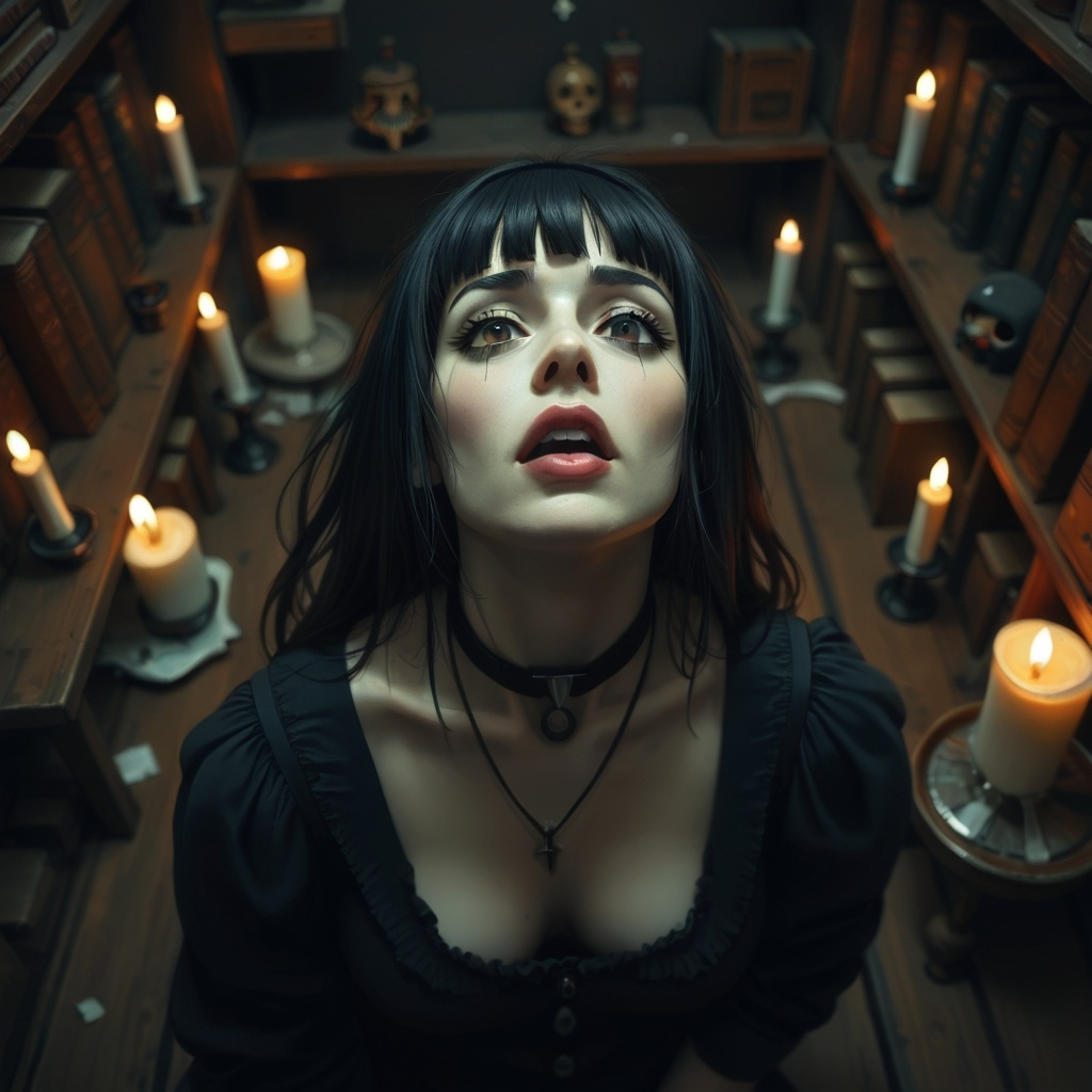 ai_generated black_hair blunt_bangs bookshelf goth goth_girl imminent_fellatio imminent_oral imminent_rape imminent_sex kneeling kneeling_oral_position liora lioram00n necklace open_mouth original_character tagme