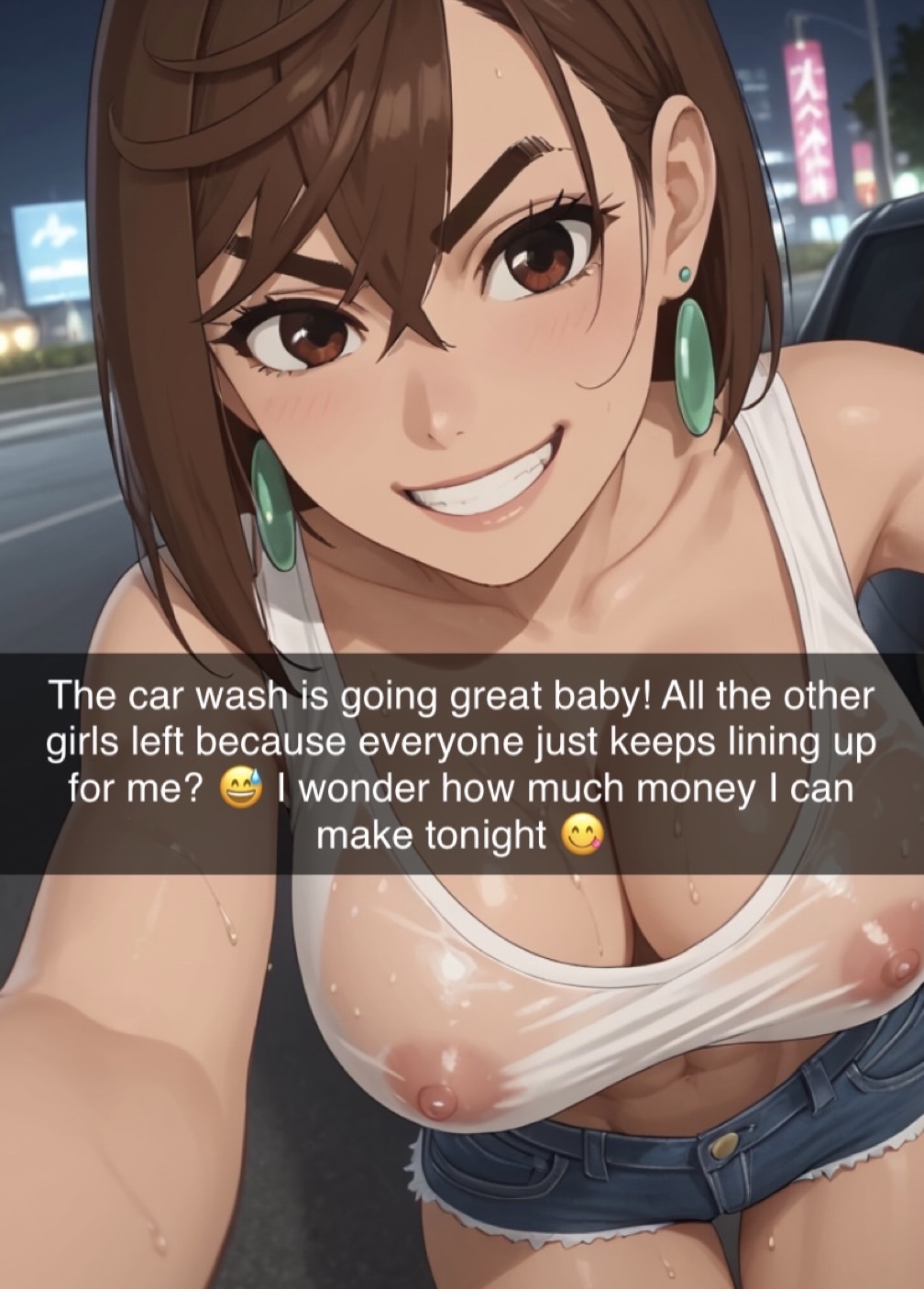 1girls ai_generated anime anime_style ayase_momo bangs big_ass big_breasts booty_shorts brown_hair car car_wash carwash cleavage crop_top cuck cucking_viewer cuckold cuckold_pov cuckolding dandadan earrings grin grinning grinning_at_viewer jean_shorts large_ass large_breasts medium_hair messy_hair nipples nipples_visible_through_clothing radnsad short_shorts smile smiling smiling_at_viewer smirk smirking smirking_at_viewer snapchat solo solo_female solo_focus story text thick_thighs wet_body wet_clothes wet_shirt wet_t-shirt