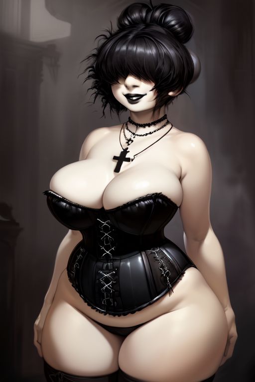 ai_generated bangs bangs_over_eyes black_hair breasts_pressed_together bustier chubby cleavage corset goth goth_girl hair_bun hair_over_eyes huge_ass huge_breasts josie_(euclidbeing) massive_breasts massive_thighs original_character short_hair smile smiling smiling_at_viewer thick_thighs tight_clothing tight_fit victorian