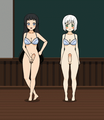 2girls, animated, attribute theft, black hair, blue eyes, blush, bra, classroom, dickgirl, female, futanari, genital growth, gif, green eyes, intersex, kisekae, long hair, masturbation, penis, penis growth, penis shrinking, pov eye contact, shocked, short hair, white hair