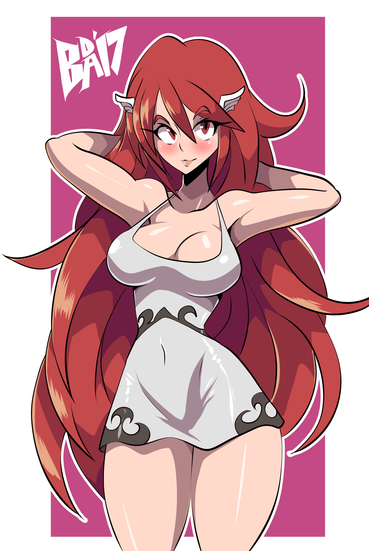 bare legs, bare shoulders, bigdeadalive, blush, breasts, cleavage, cordelia (fire emblem), covered navel, dress, female, fire emblem, fire emblem awakening, highres, large breasts, legs, long hair, looking at viewer, nightgown, nintendo, no bra, no panties, no underwear, pointy chin, red eyes, red hair, skirt, smile, solo, very long hair