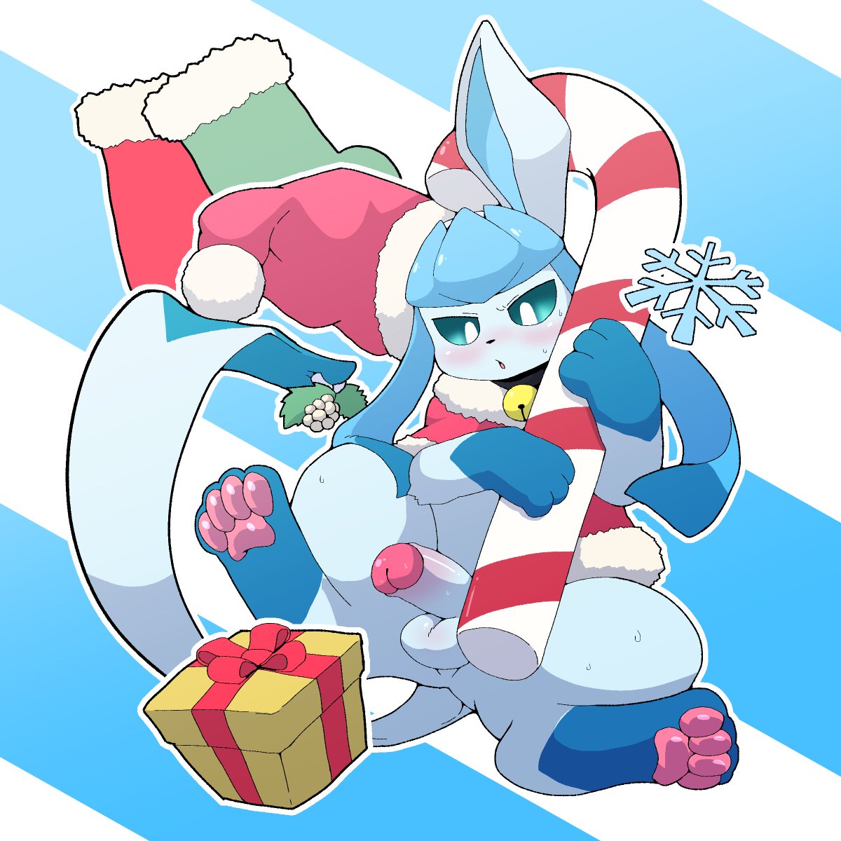 2024 3_fingers 4_toes anthro balls bell bell_collar blue_background blue_balls blue_body blue_fur blue_penis blue_perineum blue_sclera blue_tail blush bodily_fluids bottomless bottomless_anthro bottomless_male box candy candy_cane christmas christmas_clothing christmas_headwear christmas_stocking clothed clothing collar container costume dessert digital_drawing_(artwork) digital_media_(artwork) digitigrade eeveelution erection feet fingers food front_view fur generation_4_pokemon genitals gift_bow gift_box gift_wrapping glaceon glans hat headgear headwear hi_res holidays humanoid_genitalia humanoid_penis male mistletoe mistletoe_on_tail nightmareroa nintendo open_mouth pattern_background pawpads penis perineum pink_glans pink_pawpads plant pokemon pokemon_(species) red_clothing red_topwear santa_costume santa_hat semi-anthro shaded simple_background snowflake solo striped_background sweat sweatdrop tail toes tongue topwear white_background white_eyes