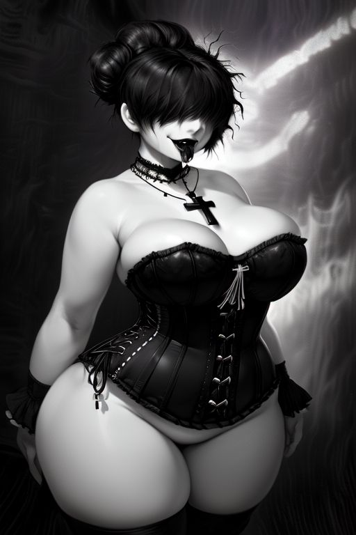 ai_generated bangs bangs_over_eyes black_hair breasts breasts_pressed_together bustier chubby cleavage corset drool goth goth_girl greyscale hair_bun hair_over_eyes huge_ass huge_breasts josie_(euclidbeing) massive_breasts massive_thighs original_character short_hair smile smiling thick_thighs tongue tongue_out victorian