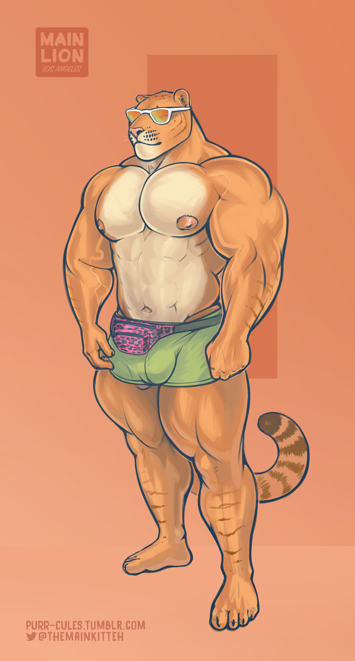 2017 abs anthro areola bag barely_visible_genitalia belt big_arms bulge clothed clothing eyewear fanny_pack feline front_view hi_res hybrid hyper hyper_muscles liger mainlion male male_only mammal markings muscular muscular_male nipples partially_clothed pecs penis shorts simple_background solo standing stripes subtle_penis sunglasses thick_thighs url vein veiny_muscles wardrobe_malfunction