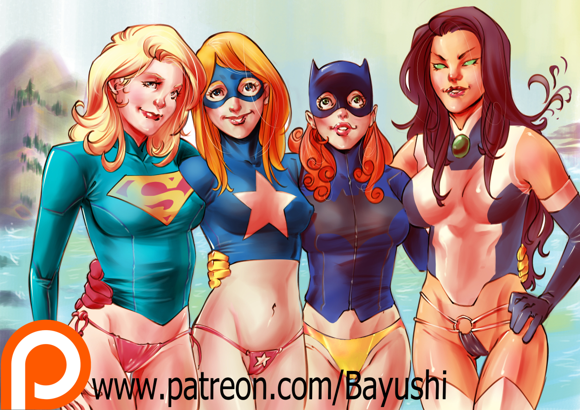 4girls, barbara gordon, batgirl, batman (series), bayushi, bayushix, breasts, courtney whitmore, dc, dc comics, female, female only, justice society, justice society of america, koriand'r, lineup, medium breasts, multiple females, multiple girls, panties, signature, starfire, stargirl, supergirl, superman (series), teen titans, text