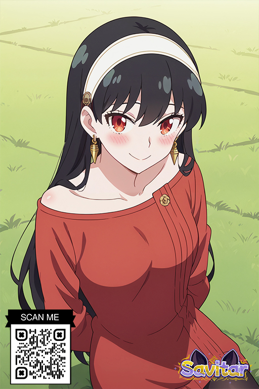 ai_generated arms_behind_head arms_up bangs bare_shoulders black_hair blush breasts closed_mouth clothing dress earrings female female flower gold_earrings grass hair_down hairband headwear jewelry littlehentai long_hair long_sleeves looking_at_viewer lying off-shoulder_sweater off_shoulder on_back on_grass outdoors red_dress red_eyes red_sweater savitar savitar_(ai_generator) savitar_(artist) smile solo spy_x_family sweater upper_body white_hair_ornament white_hairband yor_briar