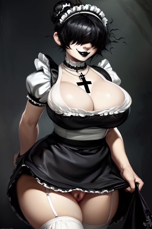 ai_generated bangs bangs_over_eyes black_dress black_hair cleavage dress french_maid goth goth_girl hair_bun hair_over_eyes huge_ass huge_breasts josie_(euclidbeing) maid maid_headdress maid_uniform massive_breasts massive_thighs original_character pussy short_hair smile smiling smiling_at_viewer stockings thick_thighs