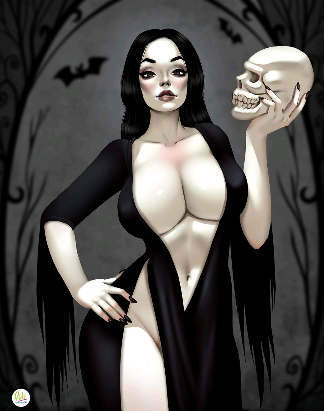big breasts, big lips, black nails, breasts, female, goth, light skin, light-skinned female, milf, morticia addams, pale skin, pale-skinned female, seductive, skull, the addams family