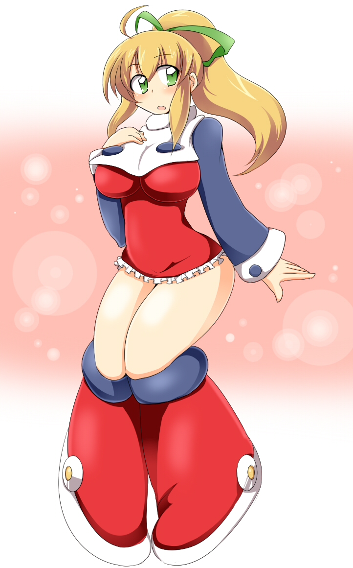 big_breasts blonde_female blonde_hair blonde_hair green_ribbons huge_breasts long_hair long_sleeves mega_man miniskirt ponytail red_dress red_miniskirt ribbon roll sidelocks thick_thighs wedge_(tyrl_stride)