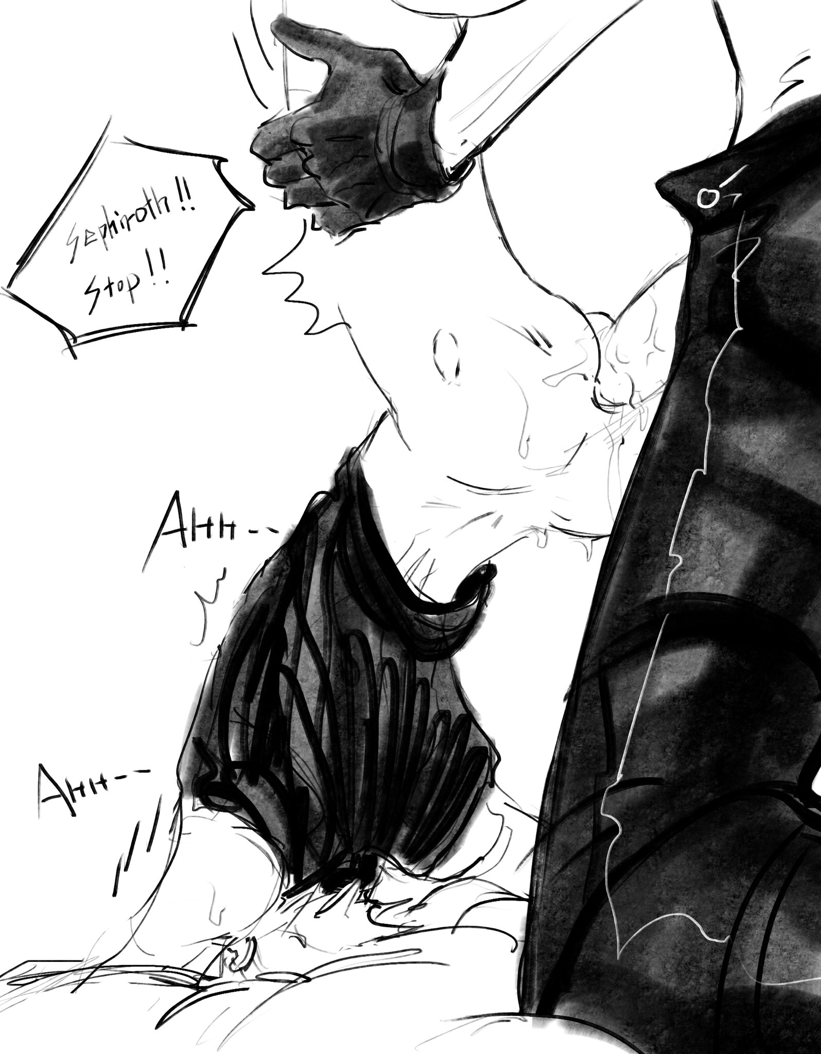 2boys, anal, arched back, ass, ass up, begging to stop, bite mark, bite mark on ass, black and white, boy rape, cloud strife, english text, final fantasy, final fantasy vii, gay, gay sex, gloves, grab (artist), legs apart, legs held open, legs spread, male, male rape victim, male/male, moaning, penis, rape, raped by villain, sephiroth, speech bubble, spread legs, square enix, twink, unbuttoned pants, white background, yaoi