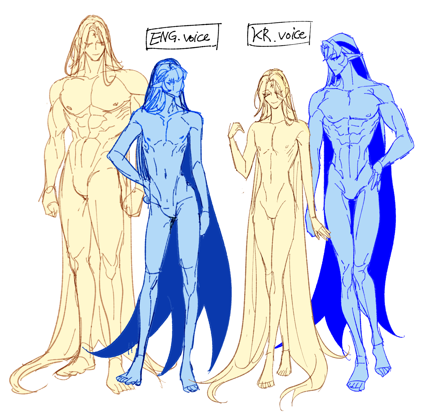 2boys, abs, awakened pure vanilla cookie, blue body, blue hair, blue hair male, blue skin, blue skinned male, body type, body type swap, cookie run, cookie run braverse, cookie run kingdom, elf ears, full body, gay, gay male, gay man, gem on forehead, happydang 4553, homosexual, homosexual male, long hair, long hair male, mark on forehead, monochrome, multicolored hair, muscles, muscular, muscular male, no color, no colour, no genitals, pure vanilla cookie, shadow milk cookie, size comparison, size difference, slim, slim male, slim man, twink, yaoi, yellow hair, yellow hair male