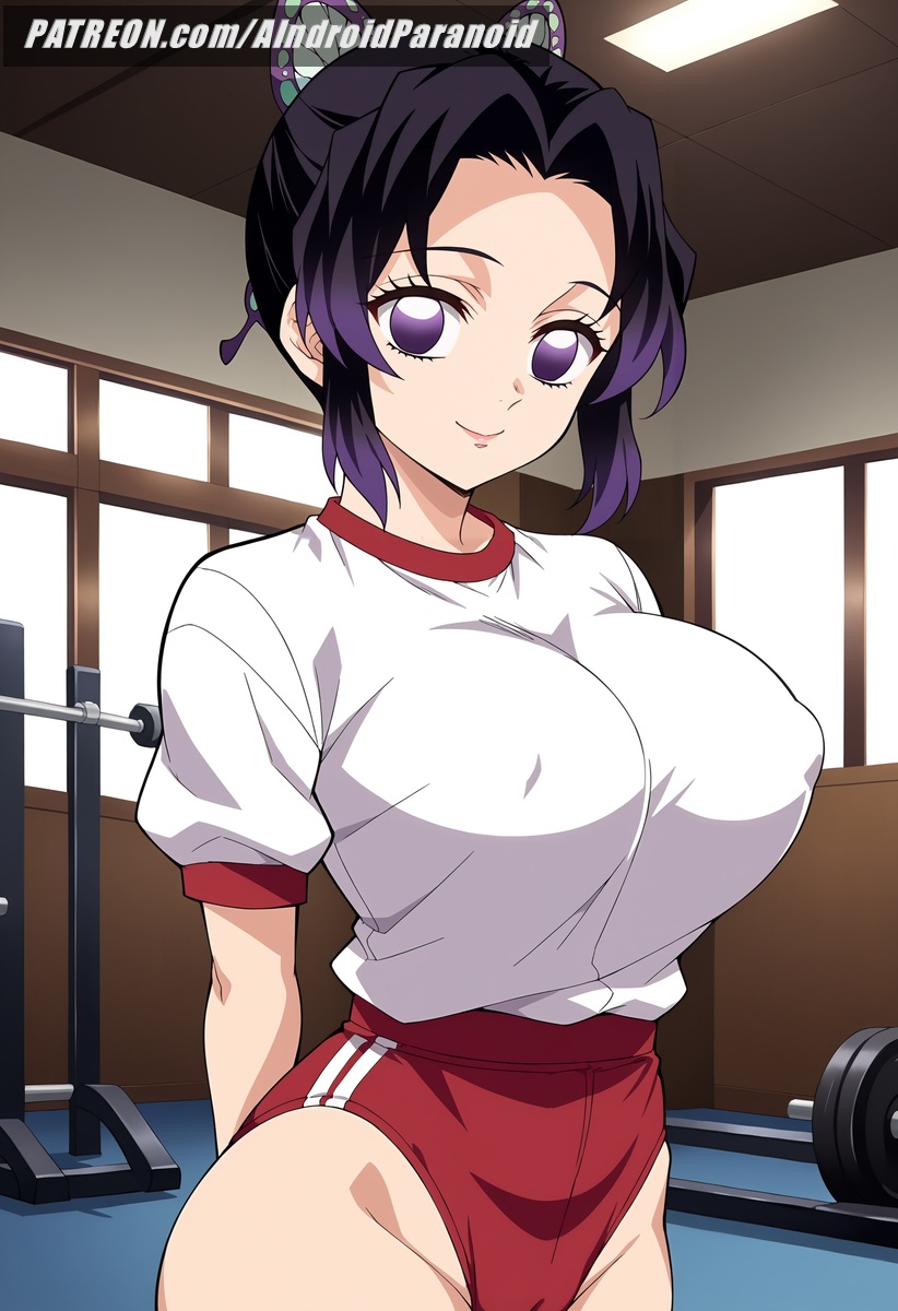 ai_generated aindroidparanoid ass big_ass big_breasts big_butt buruma busty curvy cute demon_slayer fat_ass female female_only gym gym_uniform hips huge_ass huge_breasts indoors kimetsu_no_yaiba kochou_shinobu large_ass large_breasts legs narrow_waist purple_eyes purple_hair short_hair slim_waist stable_diffusion thick_ass thick_thighs voluptuous waist wide_hips