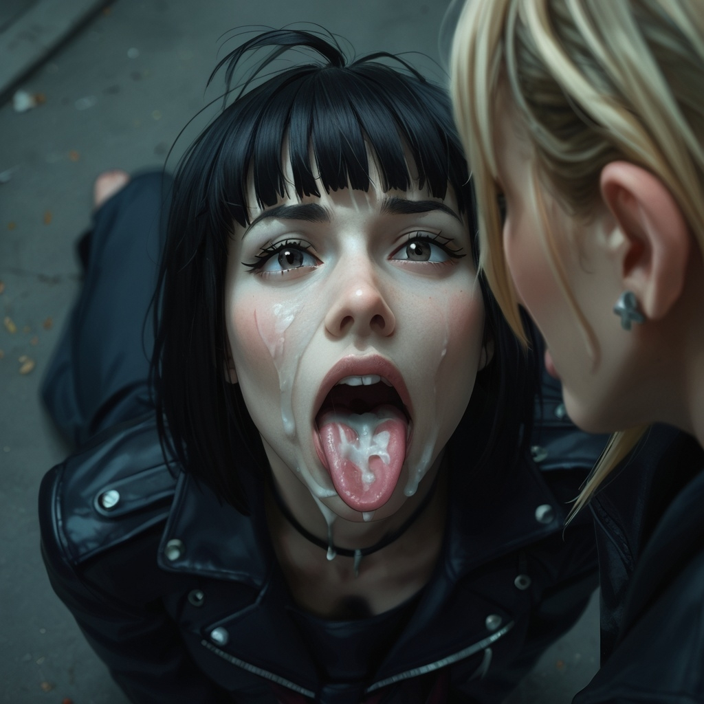 1girl1futa after_fellatio after_oral ai_generated black_hair blunt_bangs cum_in_mouth cum_on_face goth goth_girl implied_futanari kneeling kneeling_oral_position liora lioram00n open_mouth original_character ruined_makeup running_mascara runny_makeup spit spitting spitting_in_mouth tagme tongue_out