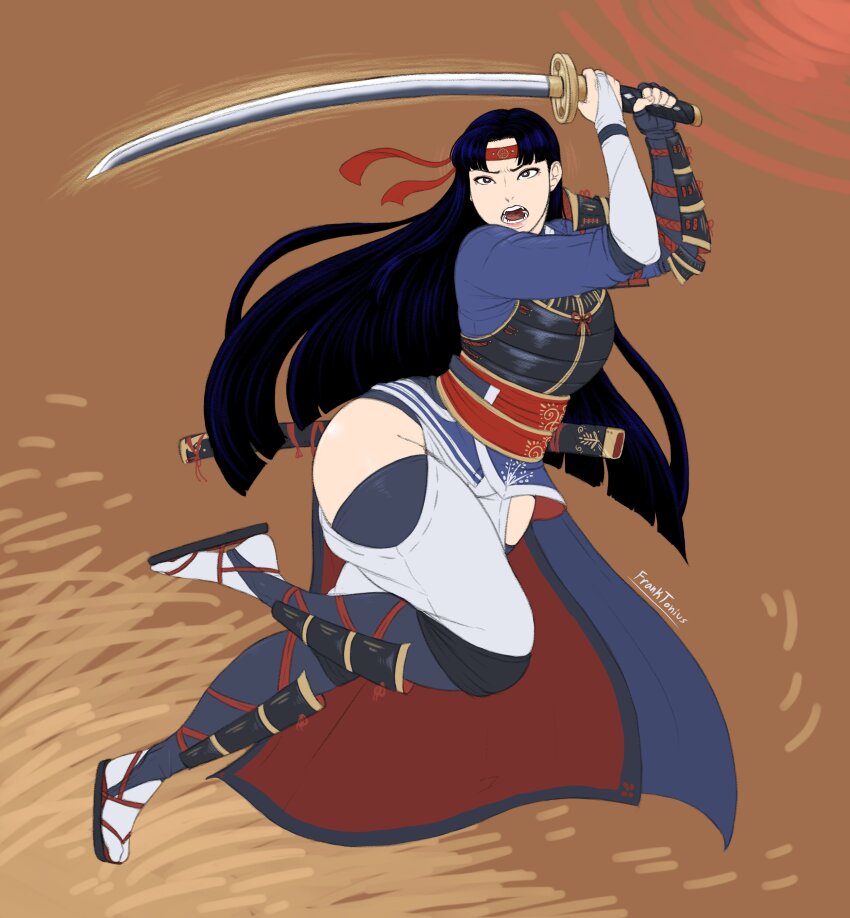 black_hair franktonius katana original_character samurai sharp_teeth thick_thighs voluptuous_female