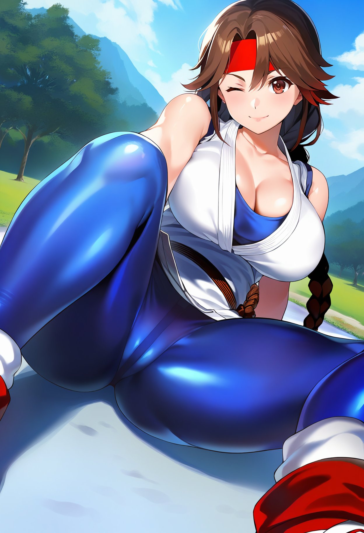 1girls ai_generated big_ass big_breasts braid braided_ponytail breasts brown_eyes brown_hair busty clothed female headband huge_ass huge_breasts karate_gi king_of_fighters leggings light-skinned_female light_skin long_hair looking_at_viewer outdoors outside pants ponytail shoes skirt sneakers spandex thick thick_thighs thighs tied_hair voluptuous voluptuous_female wide_hips yoga_pants yuri_sakazaki