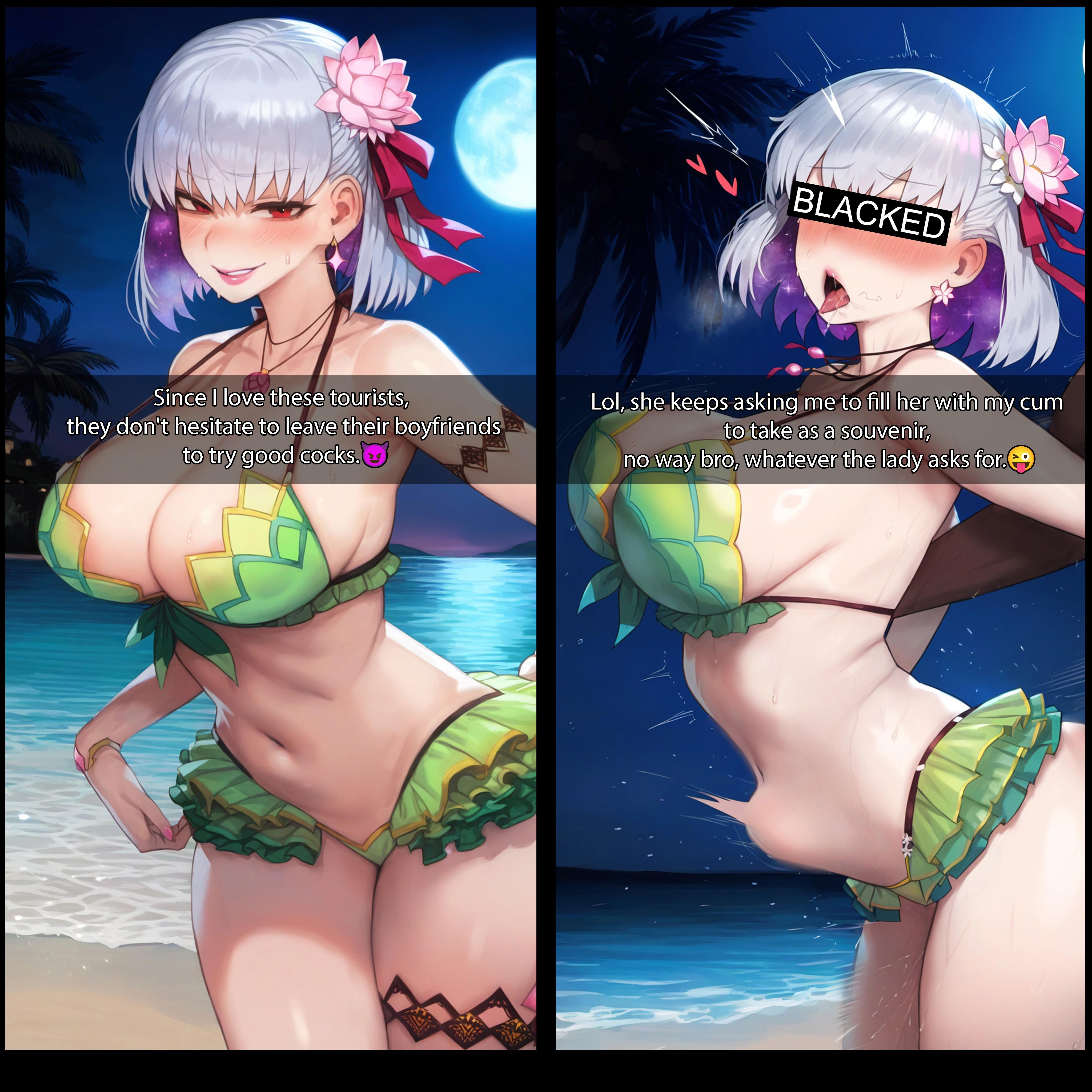 1-a dot, 1boy, 1girls, ai generated, beach, big breasts, big penis, bikini, blacked, breasts, caption, dark skin, dark-skinned male, english text, fate (series), fate/grand order, female, instant loss, instant loss 2koma, interracial, kama (fate/grand order), kama (swimsuit avenger) (fate), male, ocean, open mouth, penis, sex, short hair, stomach bulge, straight, tongue, tongue out