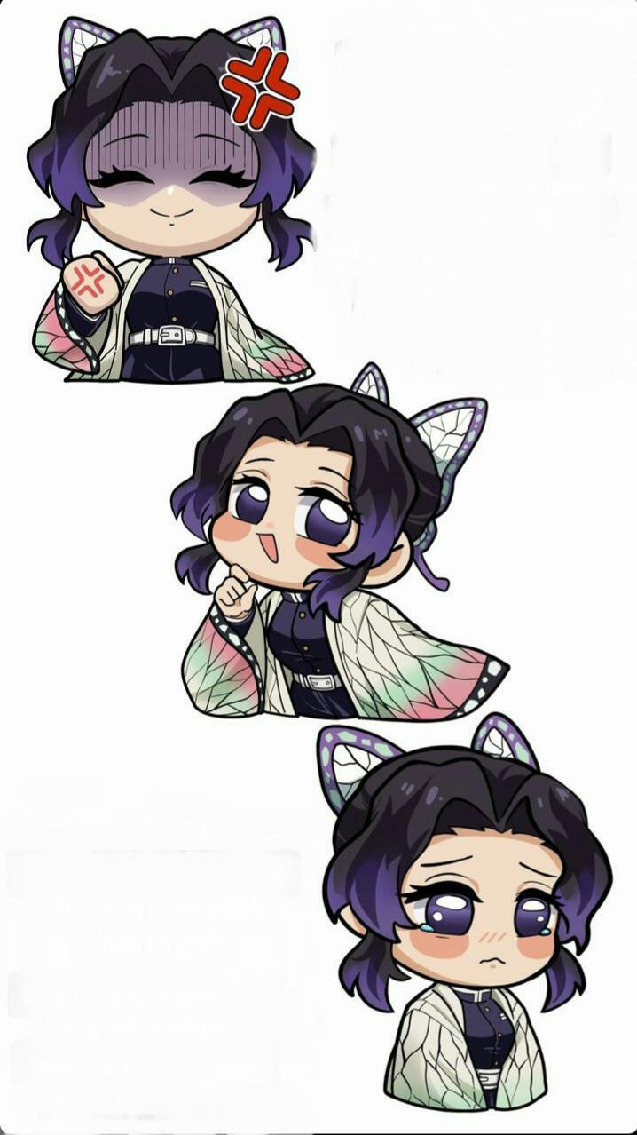 1girls angry_face black_hair chibi demon_slayer female female_only happy hfxpins kawaii kimetsu_no_yaiba kochou_shinobu sad solo