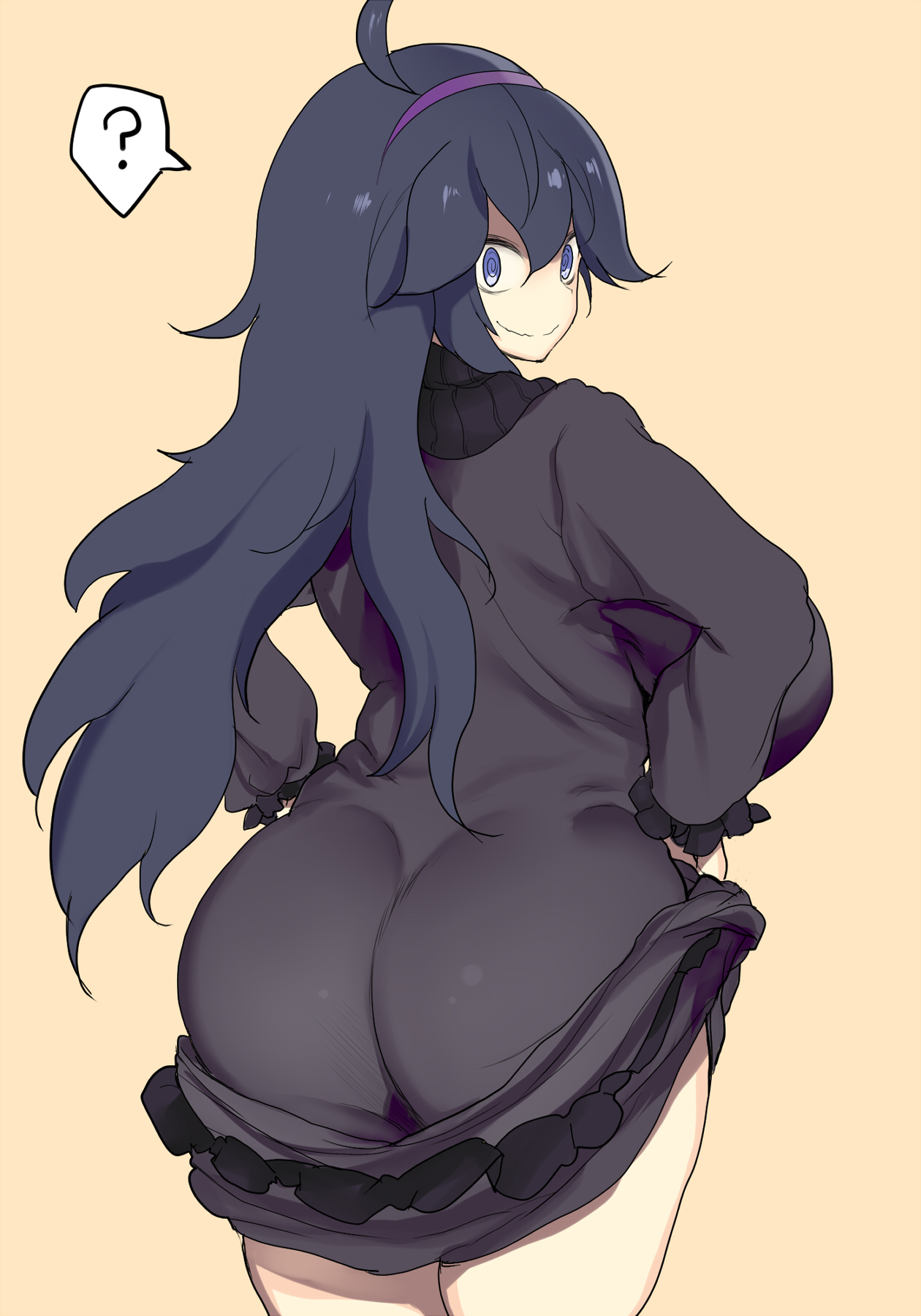 ?, 1girls, ahoge, alternate breast size, ass, ass in dress, big breasts, breasts, dress, dress lift, female, female only, hairband, hex maniac, hex maniac (pokemon xy), huge ass, huge breasts, human, kedamono kangoku-tou, large breasts, long hair, looking at viewer, looking back, nintendo, npc trainer, pokemon, pokemon xy, purple eyes, purple hair, smile, solo, standing, sweater, thighs, yellow background