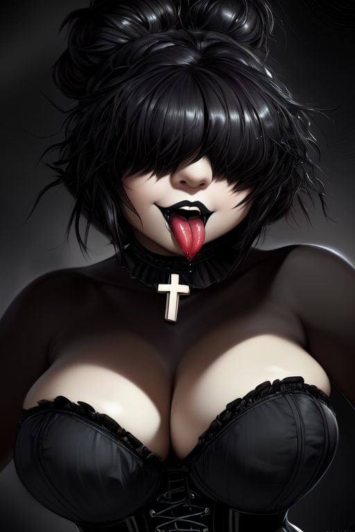 ai_generated bangs bangs_over_eyes black_hair breasts breasts_pressed_together bustier cleavage corset drool goth goth_girl hair_bun hair_over_eyes huge_breasts josie_(euclidbeing) massive_breasts original_character short_hair smile smiling smiling_at_viewer tongue tongue_out victorian