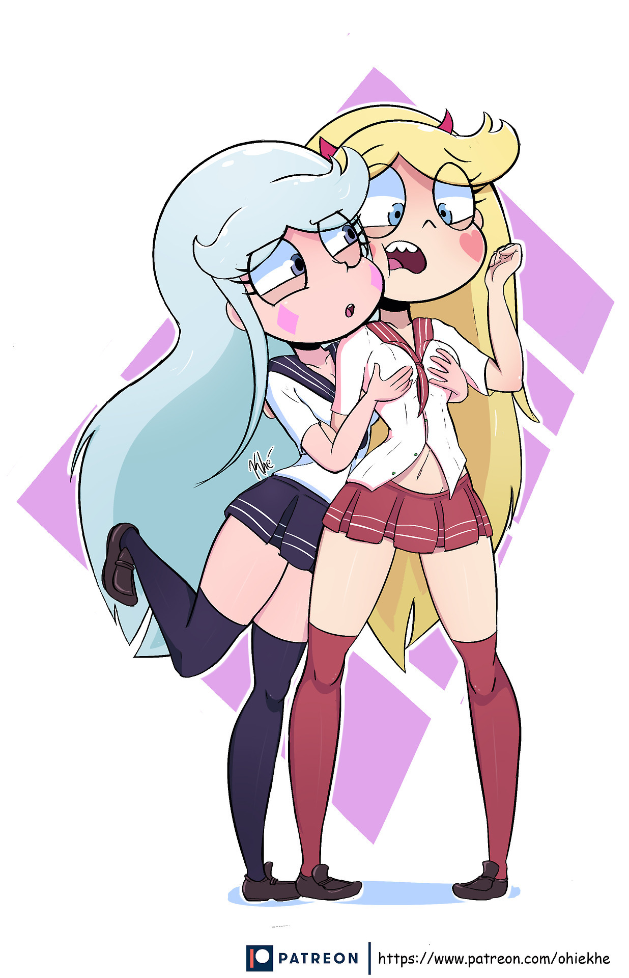 2girls, aged down, blonde hair, blue eyes, blue hair, breast grab, breasts, disney, disney channel, disney xd, duo, female, female only, incest, long hair, moon butterfly, mother and daughter, ohiekhe, pleated skirt, school uniform, short skirt, simple background, skirt, star butterfly, star vs the forces of evil, stockings, young, yuri