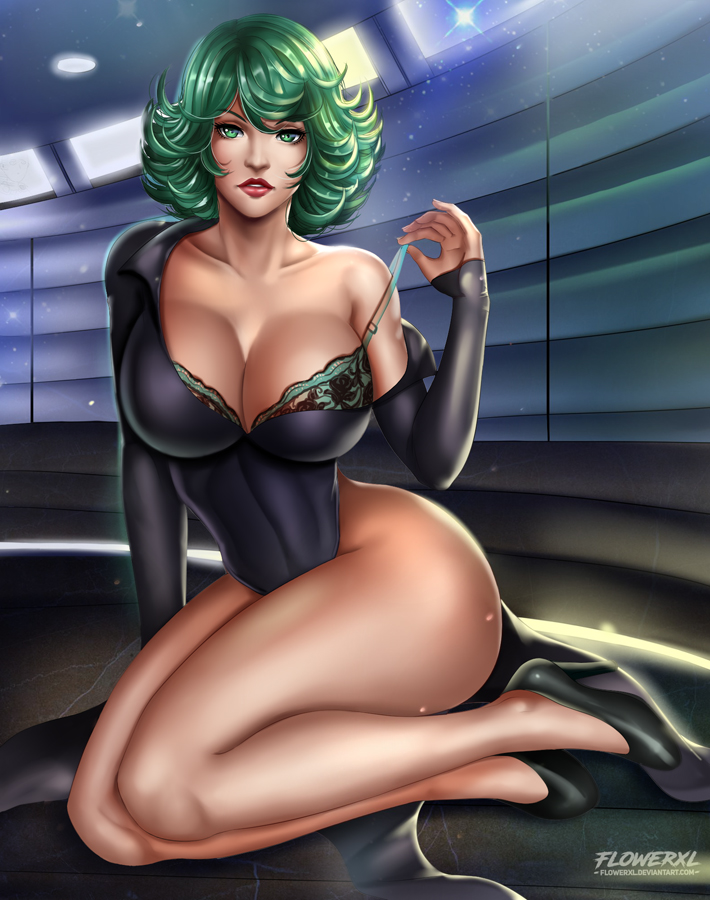 1girls, 2017, 2d, 2d (artwork), artist name, big breasts, black elbow gloves, black heels, bra, bra pull, breasts, cleavage, detailed background, elbow gloves, female, female only, flowerxl, gloves, green bra, green eyes, green hair, high resolution, indoors, kneeling, large breasts, legs crossed, leotard, light skin, light-skinned female, looking at viewer, one-punch man, pinup, questionable, red lipstick, seductive smile, short hair, side view, solo, solo female, tatsumaki