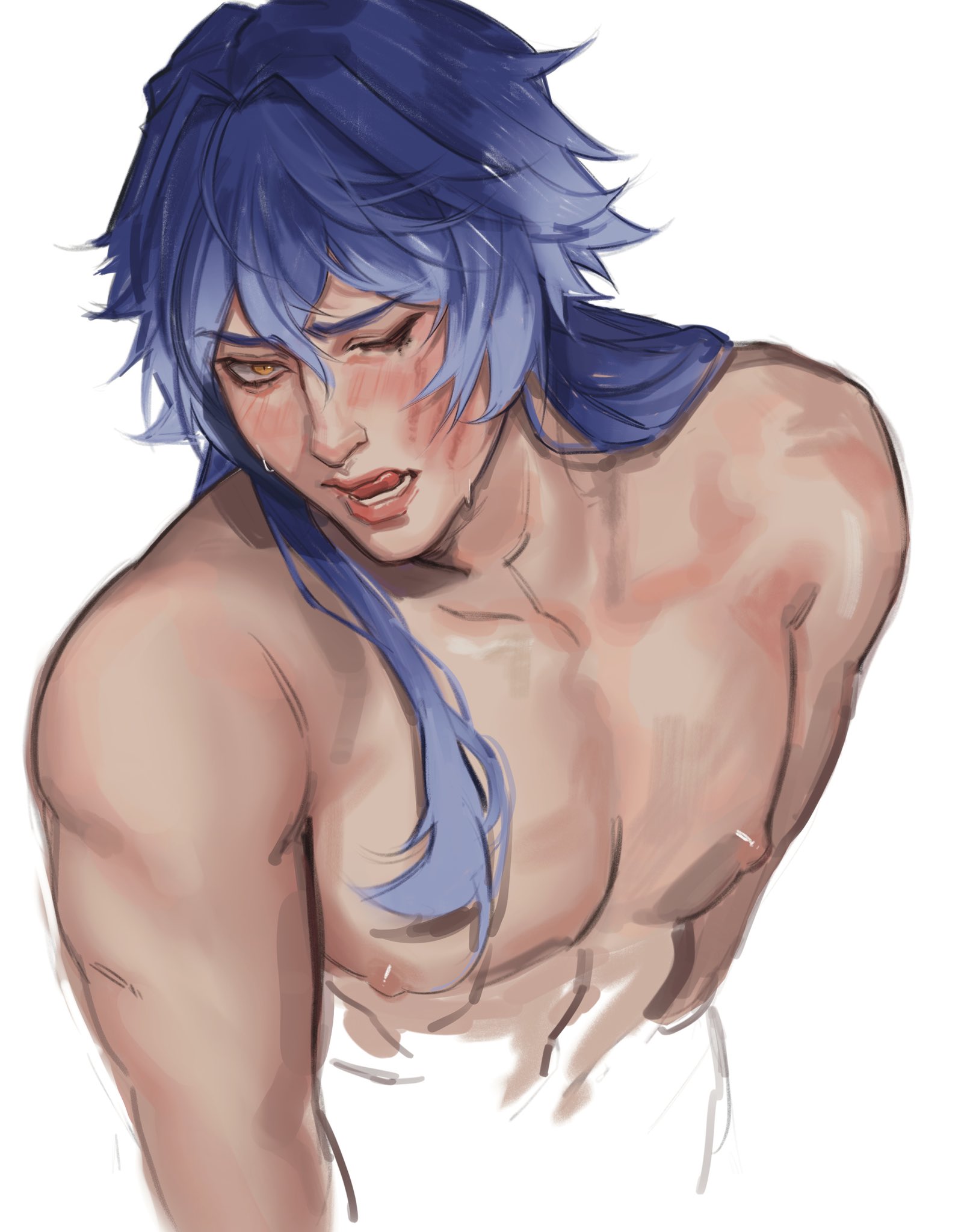 1boy, charluiu, flins (genshin impact), genshin impact, half body, male, male only, naked, nipples, nude, nude male, solo