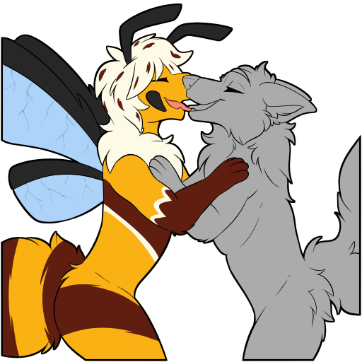 animal_humanoid antennae_(anatomy) arthropod arthropod_humanoid bee canid canine closed_eyes duo humanoid hymenopteran insect_humanoid insect_wings insects kiss_on_lips kissing mammal symrea telegram_sticker toony wings yellow_body