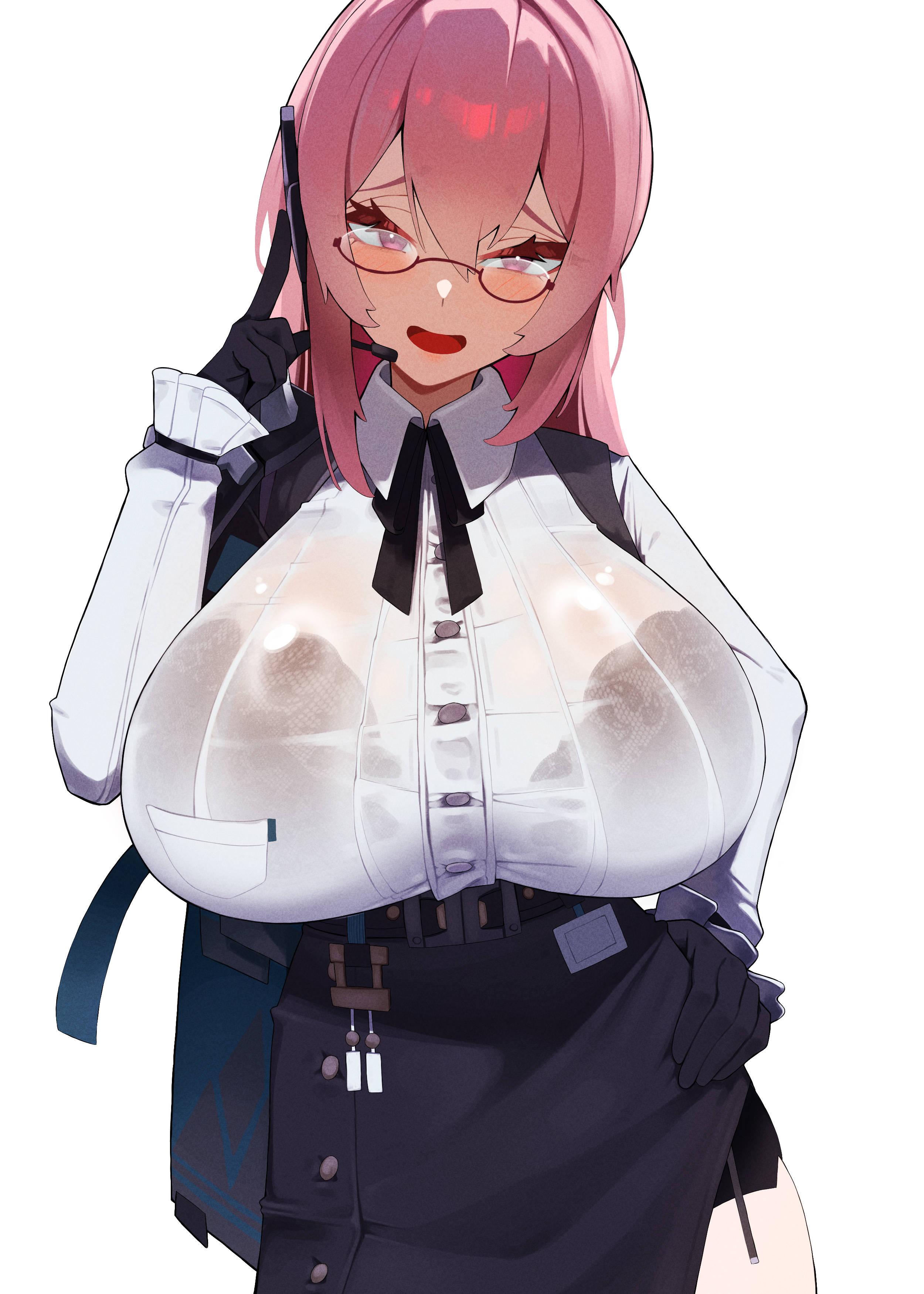 absurdres, black gloves, black skirt, blush, breasts, cws3k, dress shirt, female, furrowed brow, glasses, gloves, hair between eyes, high-waist skirt, highres, huge breasts, long hair, looking at viewer, open mouth, pencil skirt, pink background, pink hair, shirt, sidelocks, simple background, skirt, smile, solo, tsukishiro yanagi, white background, white shirt, zenless zone zero
