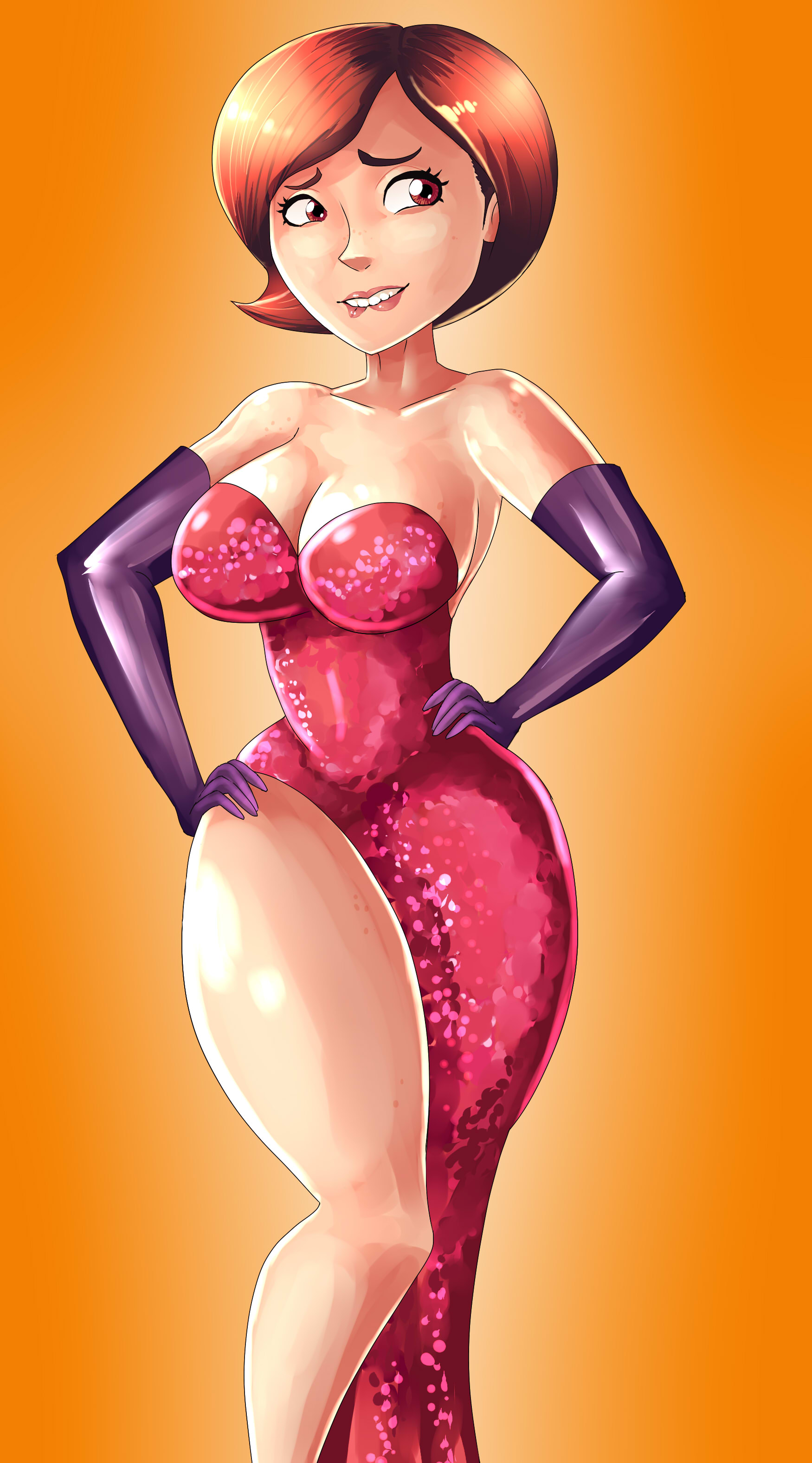 1girls, artist request, big areola, breasts, brown eyes, brown hair, brunette, busty, cleavage, clothed, cosplay, curvaceous, curvy, disney, dress, elbow gloves, erect nipples, eyelashes, female, female only, fully clothed, grabbing, helen parr, huge breasts, jessica rabbit (cosplay), mature, milf, mother, nipples, pink lips, pixar, puffy nipples, short hair, smile, smooth skin, solo, the incredibles, thick thighs, thigh highs, thunder thighs, voluptuous, who framed roger rabbit, wide hips, wife