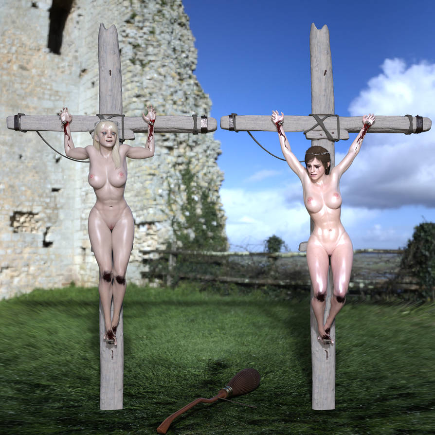 2girls 3d blonde_hair blood brown_hair completely_nude completely_nude_female crown_of_thorns crucifixion gore harry_potter hermione_granger hlt1w hurt luna_lovegood nipples nude nude_female pussy running_mascara runny_makeup