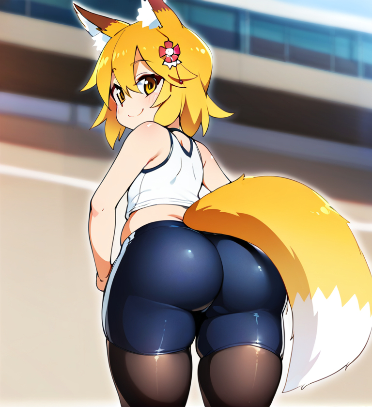 1girls ai_generated ai_hands ass ass ass_bigger_than_head ass_focus black_thighhighs blue_shorts butt_bigger_than_head butt_focus crop_top female female_focus female_only fox_ears fox_girl fox_tail from_behind from_below gym gym_clothes gym_clothing gym_shirt gym_shorts gym_uniform hair_ornament happy hips hips_wider_than_shoulders kemonomimi looking_at_viewer looking_back onkomaker orange_hair senko_(sewayaki_kitsune_no_senko-san) sewayaki_kitsune_no_senko-san simple_background smile solo solo_female spats spats_shorts sports_shorts sports_uniform sportswear tail tank_top thick_ass thick_butt thick_thighs thighhighs thighs white_tank_top wide_hips wide_thighs