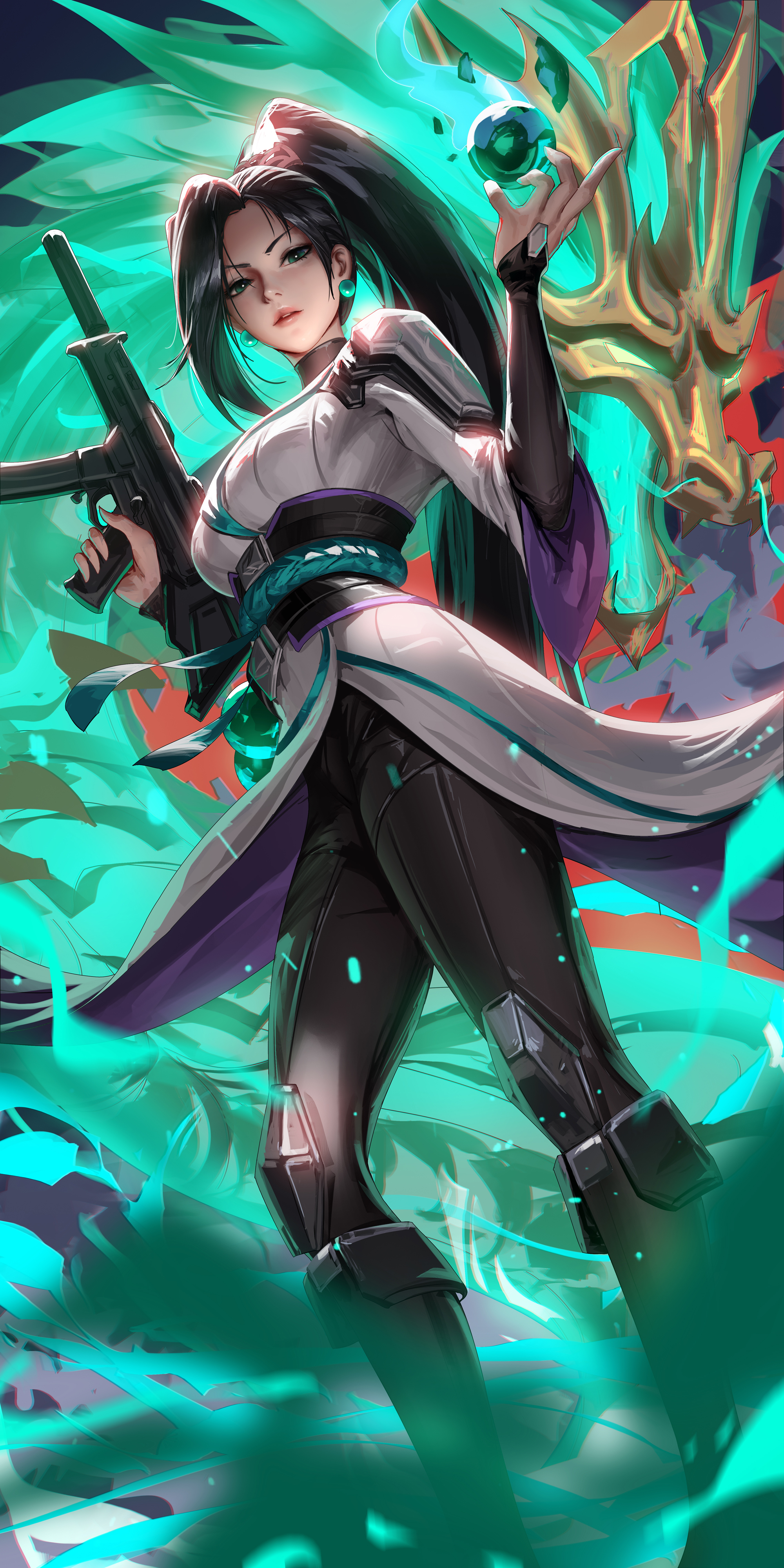 1girls, black hair, female, female only, green eyes, gun, liang xing, ponytail, sage (valorant), solo, tagme, valorant, very high resolution