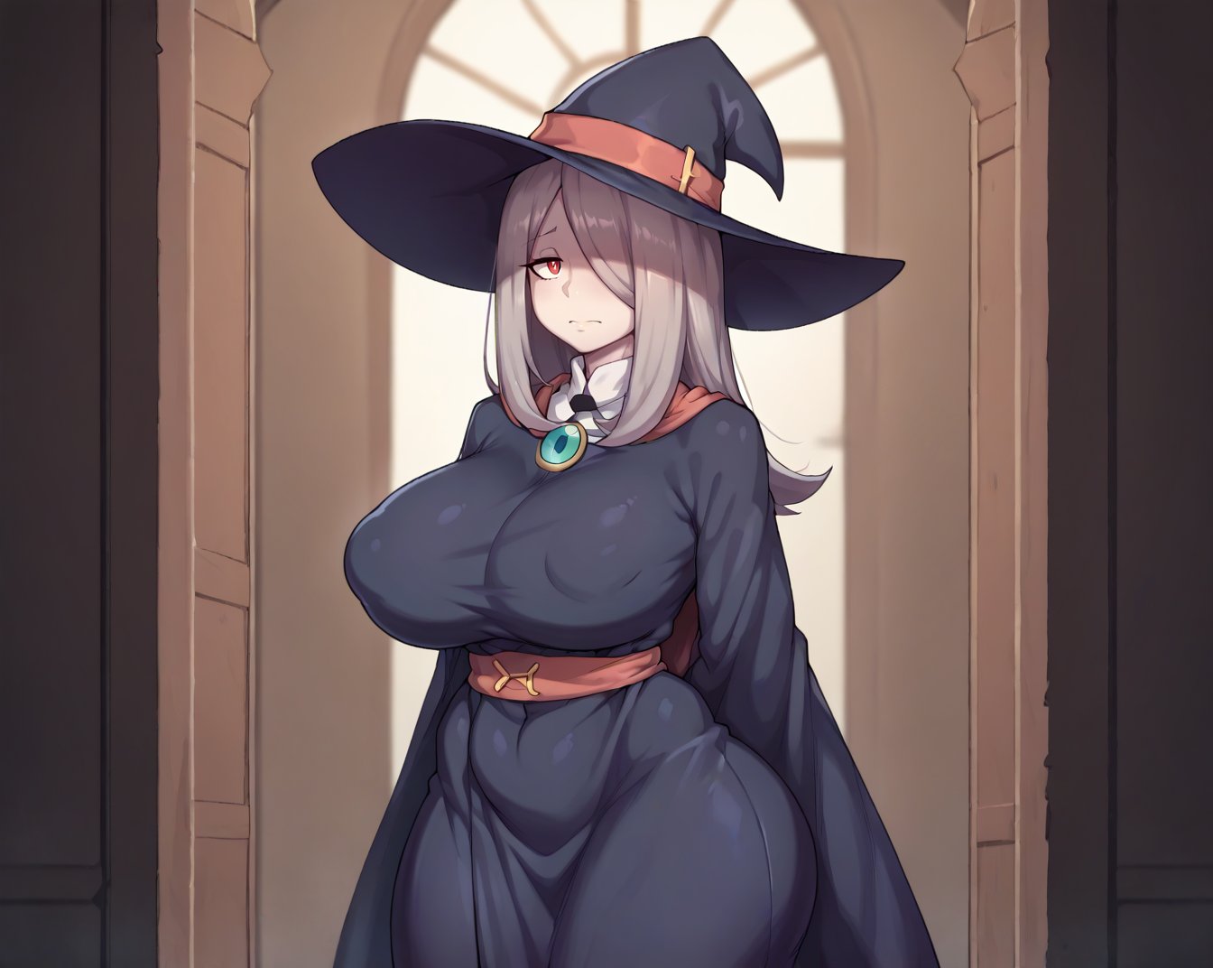 ai generated, ass, breasts, emotionless, female, little witch academia, looking at viewer, massive ass, massive breasts, smogai, sucy manbavaran, witch costume, witch hat