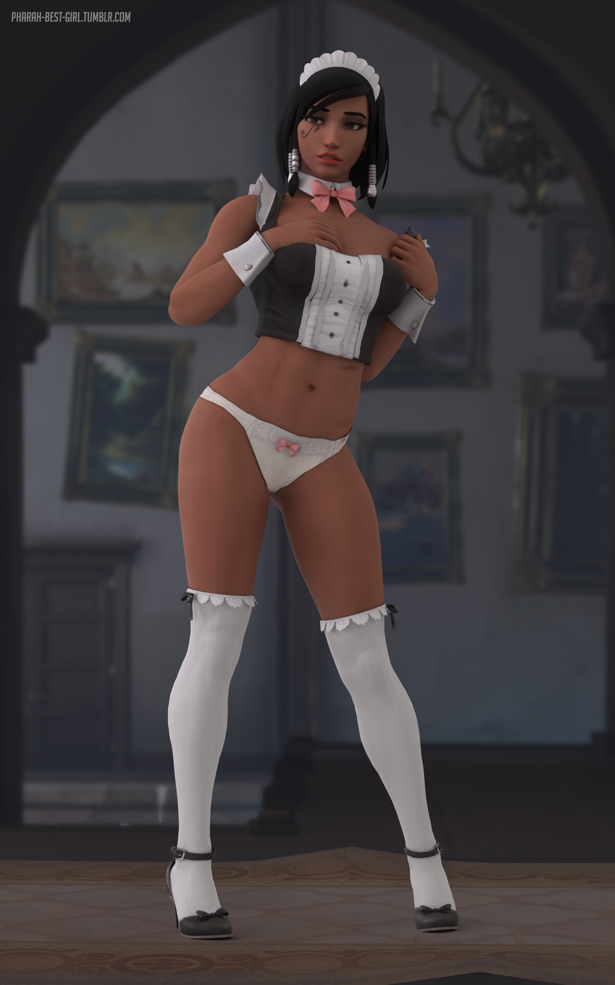 3d, abs, black eyes, black hair, blender, bow panties, chateau guillard (map), dark skin, dark-skinned female, female, high heels, high resolution, maid, maid outfit, muscles, muscular, muscular female, no pants, overwatch, panties, pantsu, pharah, pharah-best-girl, shoes, thighs, underwear, white panties, white underwear