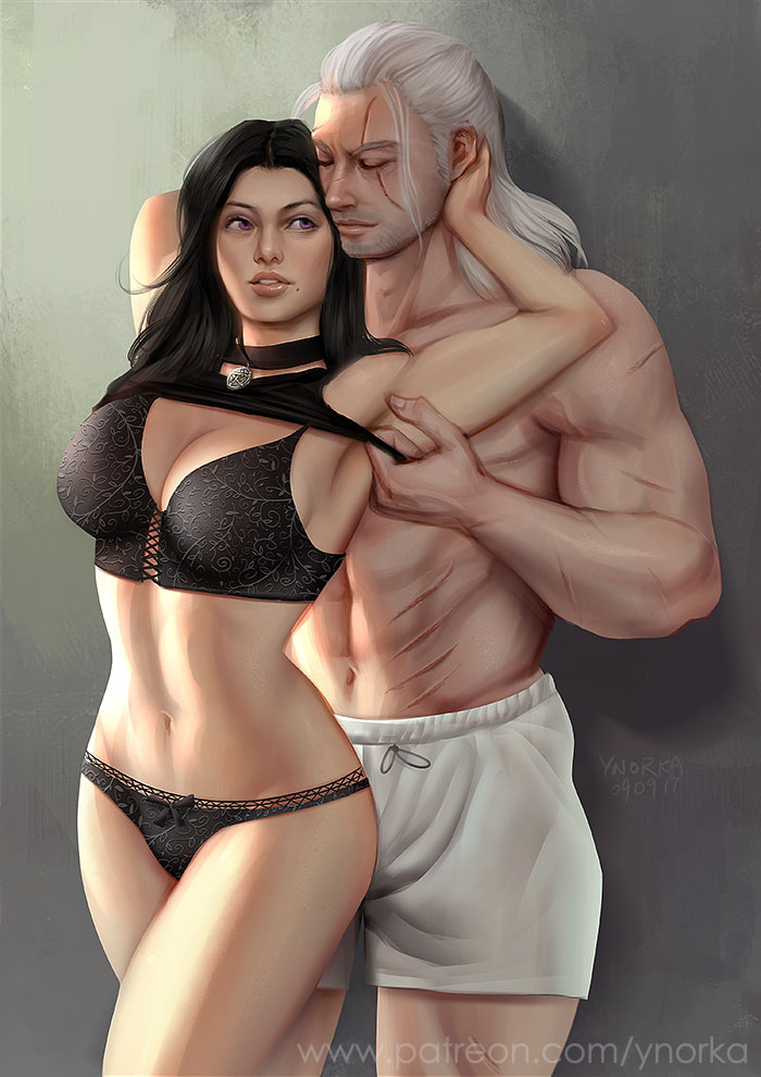 1boy 1girls boxers bra breasts canon_couple cd_projekt_red cleavage female geralt_of_rivia male muscular_male panties straight the_witcher the_witcher_(series) the_witcher_2 the_witcher_3:_wild_hunt yennefer ynorka