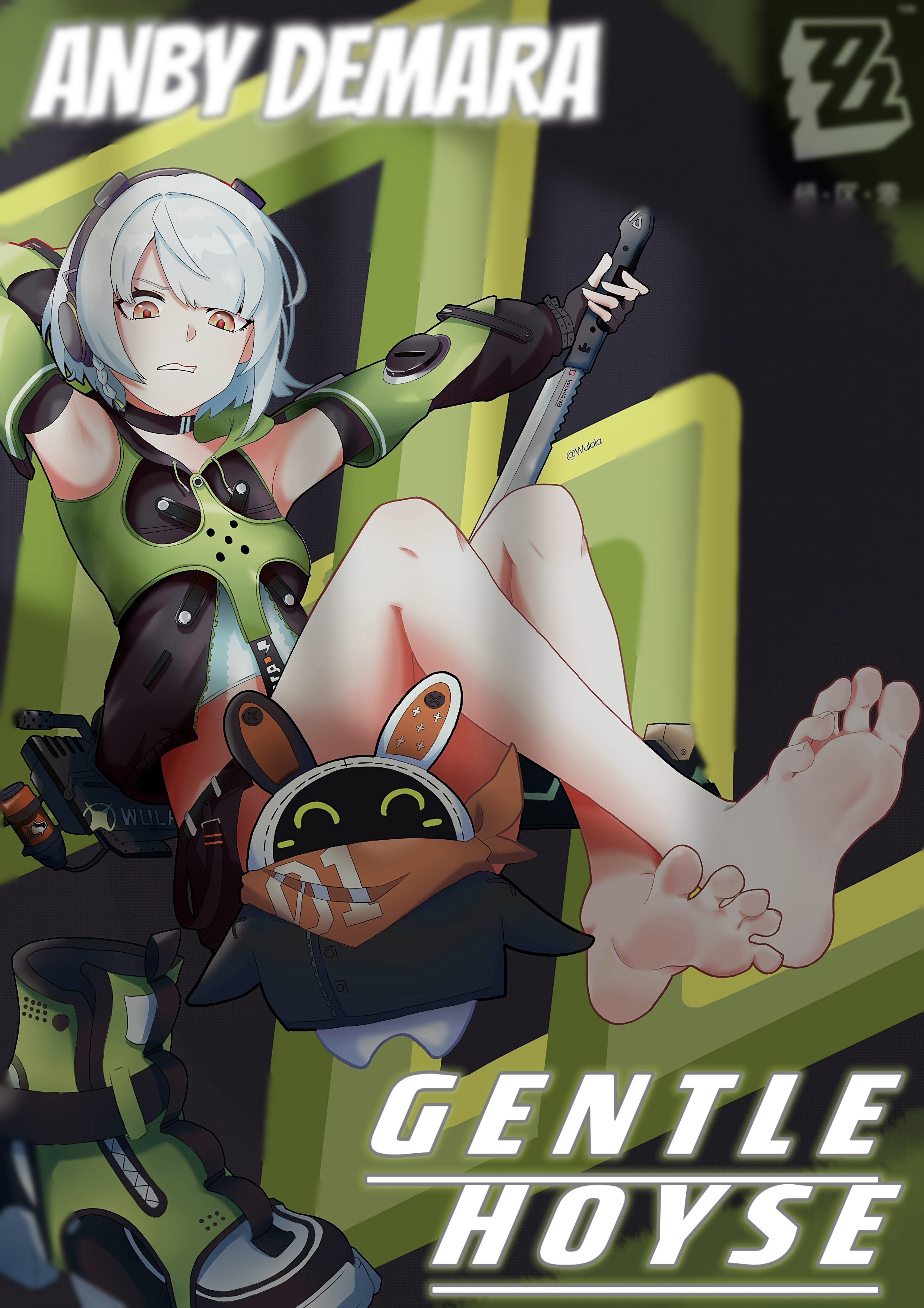 1girls, 5 toes, anby demara, artist request, barefoot, feet, female, female human, female human feet, female only, foot fetish, foot focus, holding sword, human, one female, orange eyes, shoes off, shoes removed, short hair, soles, solo, solo female, sword, toes, white hair, zenless zone zero