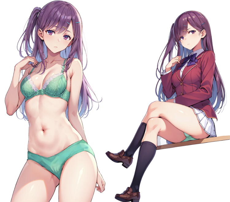 ai_generated belly_button classroom_of_the_elite green_bra green_panties kamuro_masumi long_hair looking_at_viewer purple_eyes purple_hair school_uniform sitting stomach white_skirt wsax