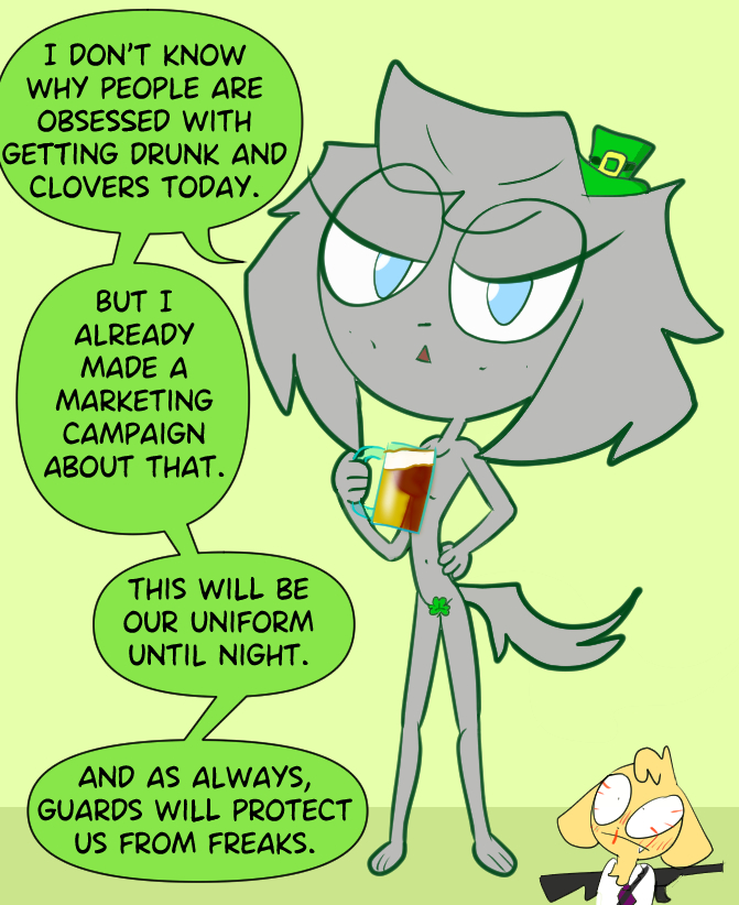 anthro beer blood blue_eyes breasts clover convenient_censoring cutefurryfan english_text female furry grey_body hand_on_hip hat leaf looking_at_viewer nose nosebleed nude speech_bubble st._patrick's_day standing tagme tail