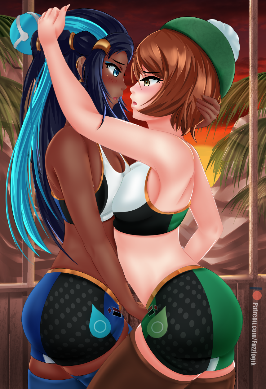 2girls alternate_breast_size armpits ass beret blue_eyes breast_squish breasts breasts_frottage brown_hair brown_legwear chocolate_and_vanilla dark-skinned_female dark_blue_hair dark_skin female female_only fuzzlogik gloria_(pokemon) gym_leader hair interracial interracial_yuri light_skin long_hair looking_at_each_other multiple_girls nessa_(pokemon) nintendo patreon pokemon pokemon_ss short_hair short_shorts sideboob sportswear thighhighs video_games yellow_eyes yuri