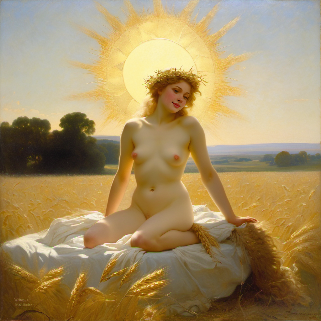 1girls ai_generated belly blonde_hair blue_eyes breasts curly_hair curvy field halo lips long_hair navel nipples nude presenting pubic_hair realistic small_breasts smile solo sun wheat wheat_field william_bouguereau