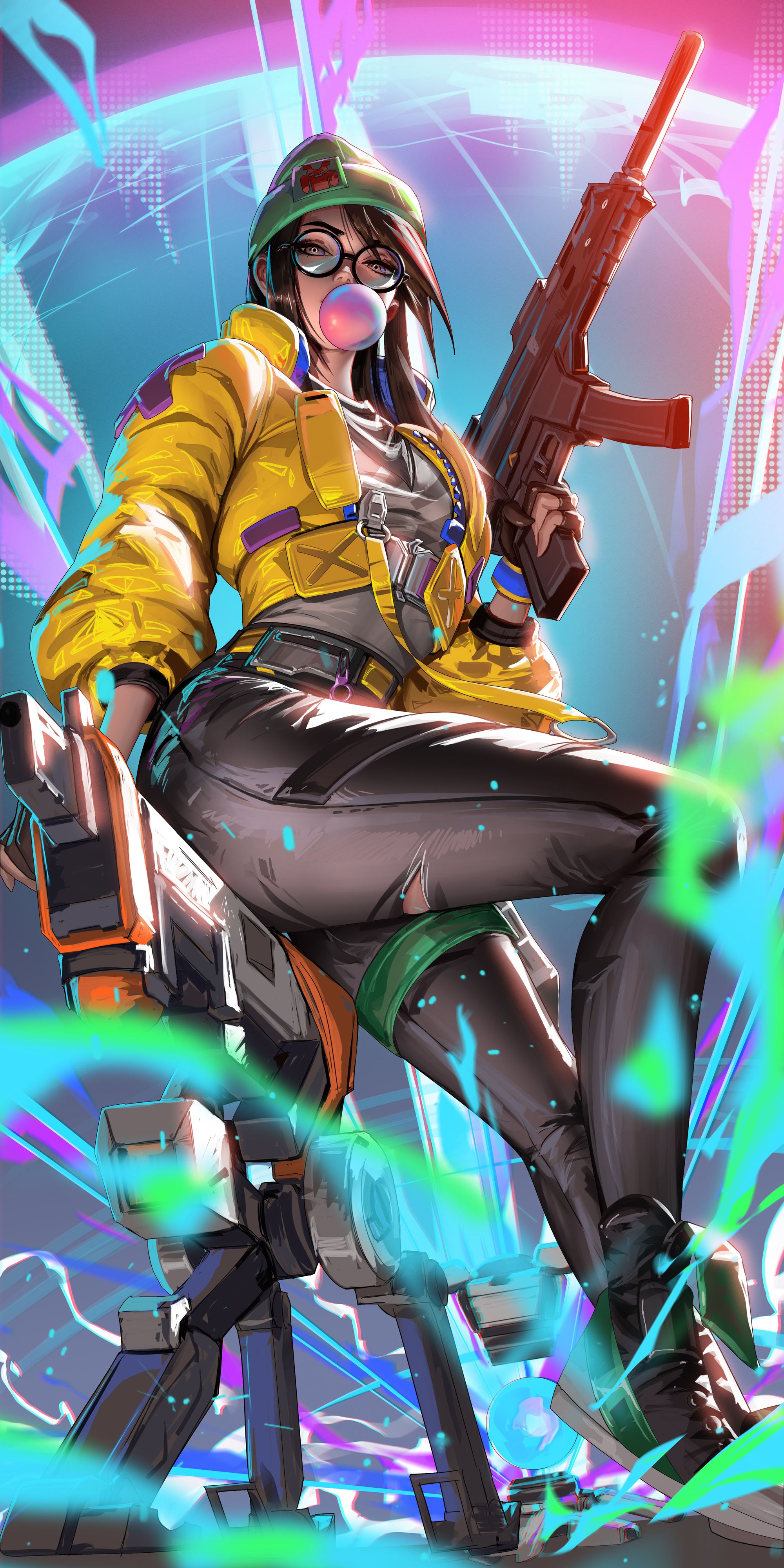 1girls, assault rifle, background, beanie, brown hair, bubble gum, clothed, color, colorful, dark hair, female, glasses, gun, high resolution, killjoy (valorant), liang xing, light skin, light-skinned female, looking away, neon lights, sitting, solo, standing, tagme, valorant