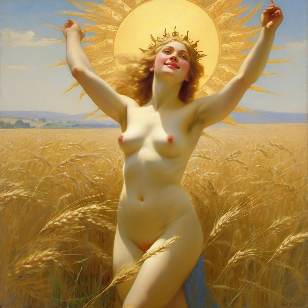 ai_generated belly blonde_hair blue_eyes breasts crown curly_hair curvy field halo lips long_hair navel nipples nude presenting realistic small_breasts smile solo sun wheat wheat_field william_bouguereau