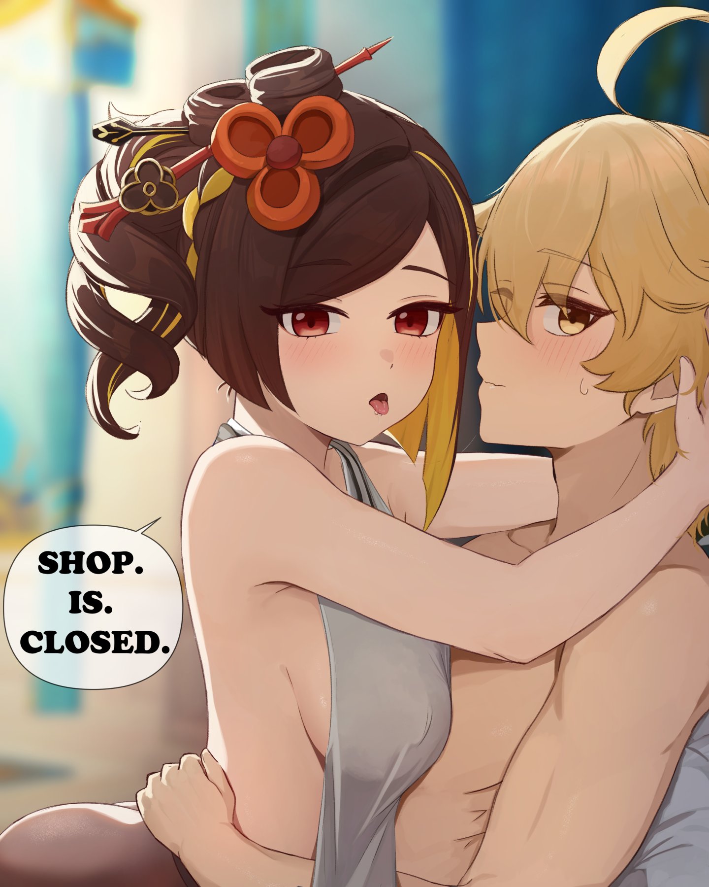 1boy, 1girls, aether (genshin impact), artist request, chiori (genshin impact), color, dialogue, drawing, english text, female, femdom, genshin impact, hoyoverse, interrupted, long hair, male, mihoyo, pleasure face, text