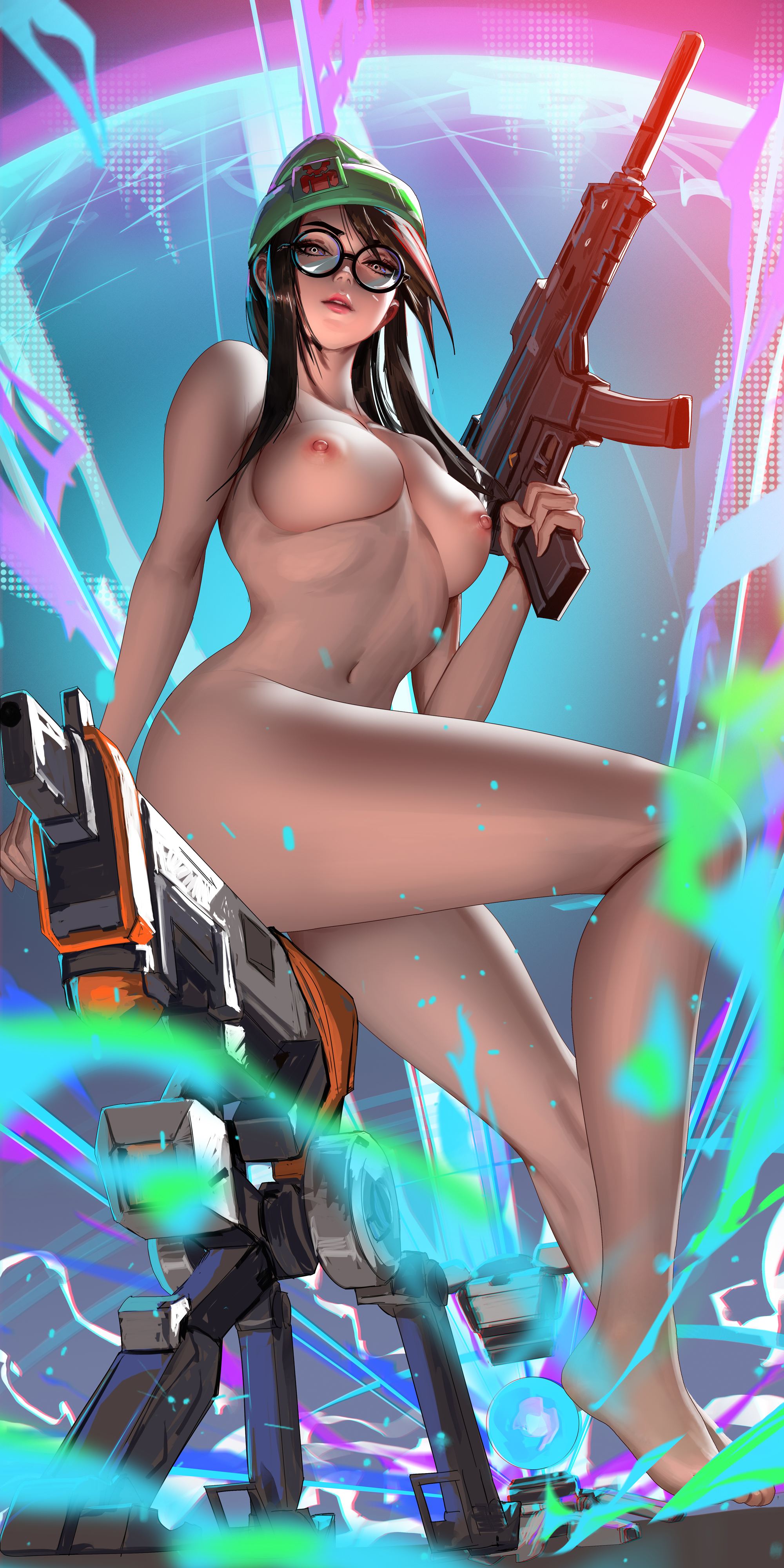1girls, assault rifle, beanie, big breasts, breasts, curvy figure, female, glasses, gun, hat, killjoy (valorant), large breasts, legs, liang xing, nude, sitting, solo, tagme, thick thighs, thighs, valorant, very high resolution