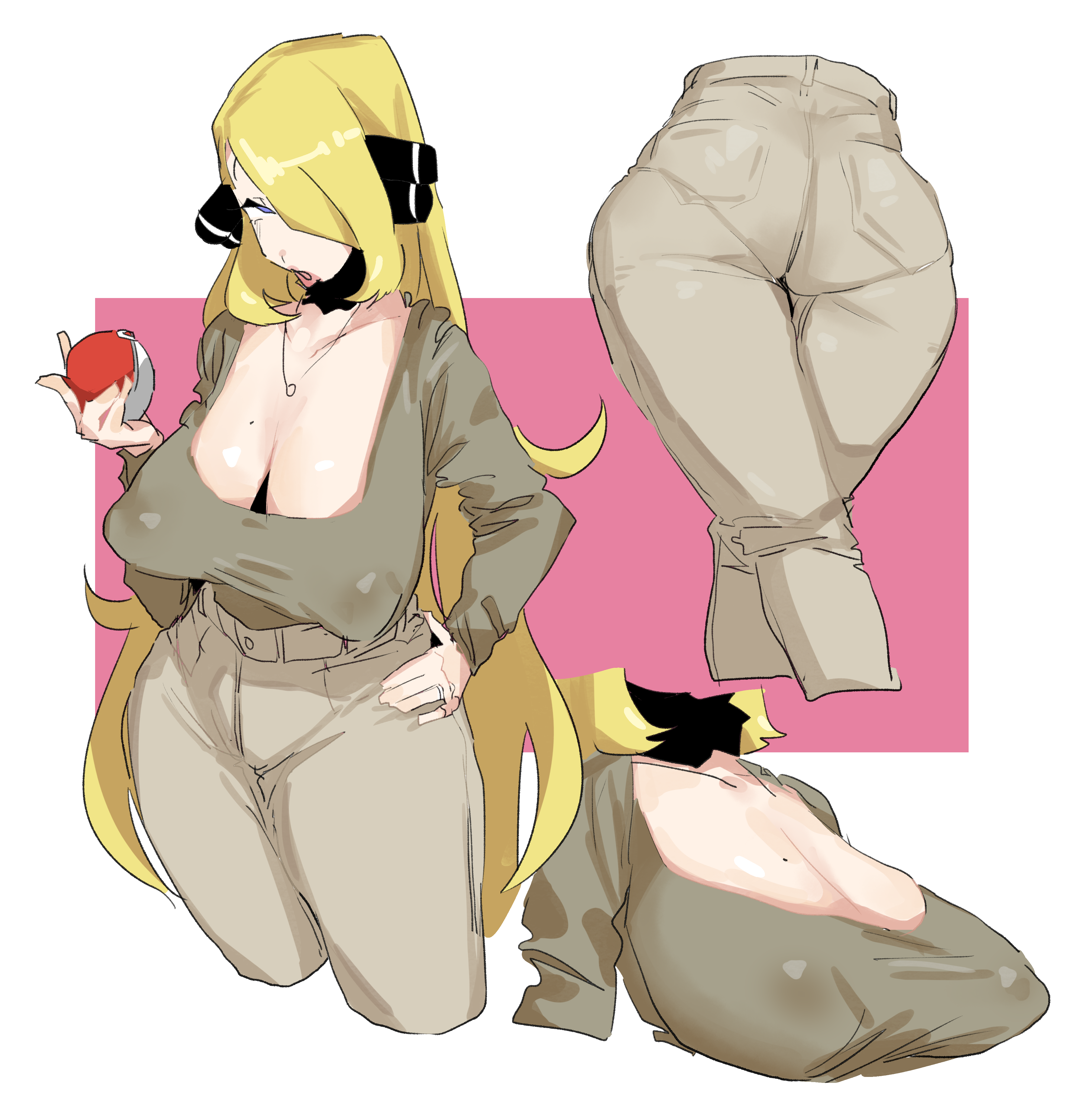 1girls, ass, ass focus, bangs, bangs over one eye, blonde female, blonde hair, breast focus, breasts, brown topwear, cleavage, cynthia (pokemon), female, fully clothed, grey pants, hair accessory, hair bobbles, hair ornament, hair over one eye, large breasts, leebongchun, lips, lipstick, long hair, long sleeves, mature, mature female, mole, mole on breast, multiple views, necklace, nipple bulge, nipples, nipples visible through clothing, open mouth, panties visible through clothing, pink lips, pink lipstick, pokeball, pokemon, ring, ring (jewelry), sagging breasts, sleeves, solo, standard pokeball, straight hair, very long hair