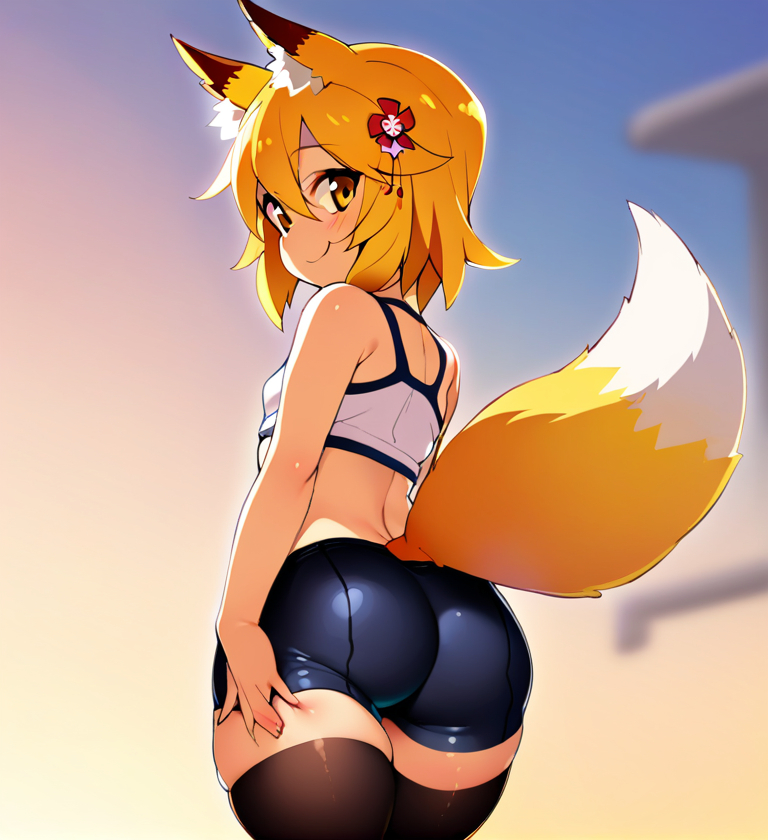 1girls ai_generated ai_hands ass ass_bigger_than_head ass_focus black_thighhighs blue_shorts butt_bigger_than_head butt_focus crop_top evening female female_focus female_only fox_ears fox_girl fox_tail from_behind from_below gym_clothes gym_clothing gym_shirt gym_shorts gym_uniform hair_ornament happy hips hips_wider_than_shoulders kemonomimi kitsune looking_at_viewer looking_back onkomaker orange_hair outdoors senko_(sewayaki_kitsune_no_senko-san) sewayaki_kitsune_no_senko-san simple_background smile solo solo_female spats spats_shorts sports_shorts sports_uniform sportswear tail tank_top thick_ass thick_butt thick_thighs thighhighs thighs white_tank_top wide_hips wide_thighs