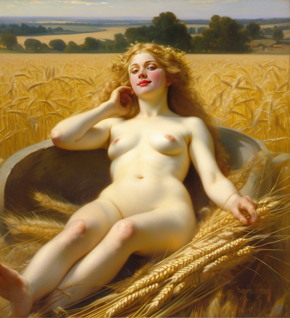 1girls ai_generated belly blonde_hair blue_eyes breasts curly_hair curvy field lips long_hair medium_breasts navel nipples nude presenting realistic smile solo wheat wheat_field william_bouguereau