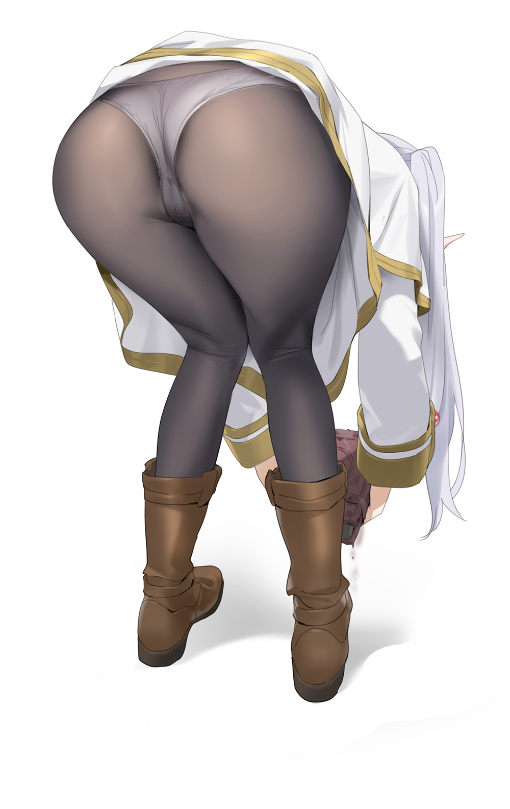 1girls bent_over big_butt black_pantyhose book brown_footwear butt butt_focus cameltoe cleft_of_venus facing_away female female_focus frieren from_behind full_body grey_hair grey_panties highres holding holding_book huge_butt large_butt leaning_forward long_hair panties panties_under_pantyhose pantyhose pointy_ears simple_background solo sousou_no_frieren standing underskirt underwear white_background yd_(orange_maru)